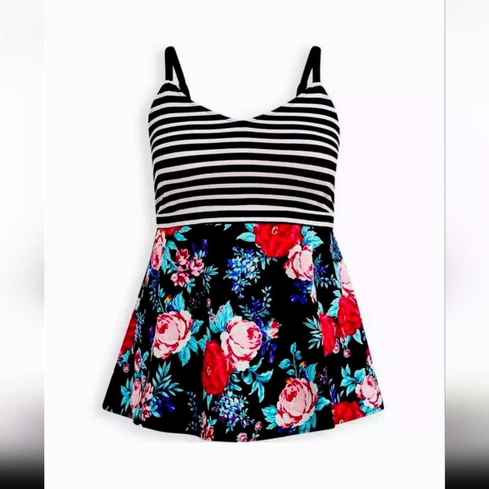 Torrid Black Striped Floral Tank Top